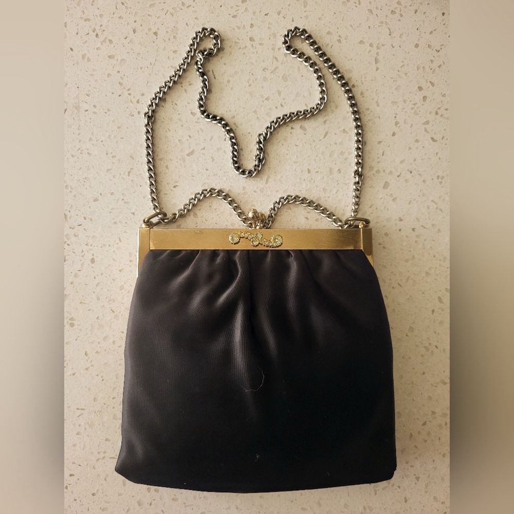 Vintage Black Satin Evening Bag With Chain Strap & Coin Purse